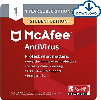 McAfee AntiVirus Protection 2023 Student Edition | 1 PC (Windows) | AntiVirus Protection, Internet Security Software | 1 Year Subscription | Download Code - Prime Student Exclusive