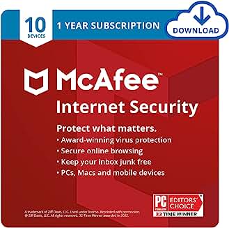 McAfee Internet Security 2022 | 10 Device | Antivirus Software | Password Manager | Windows/Mac/Android/iOS | 1 Year Subscription | Download Code